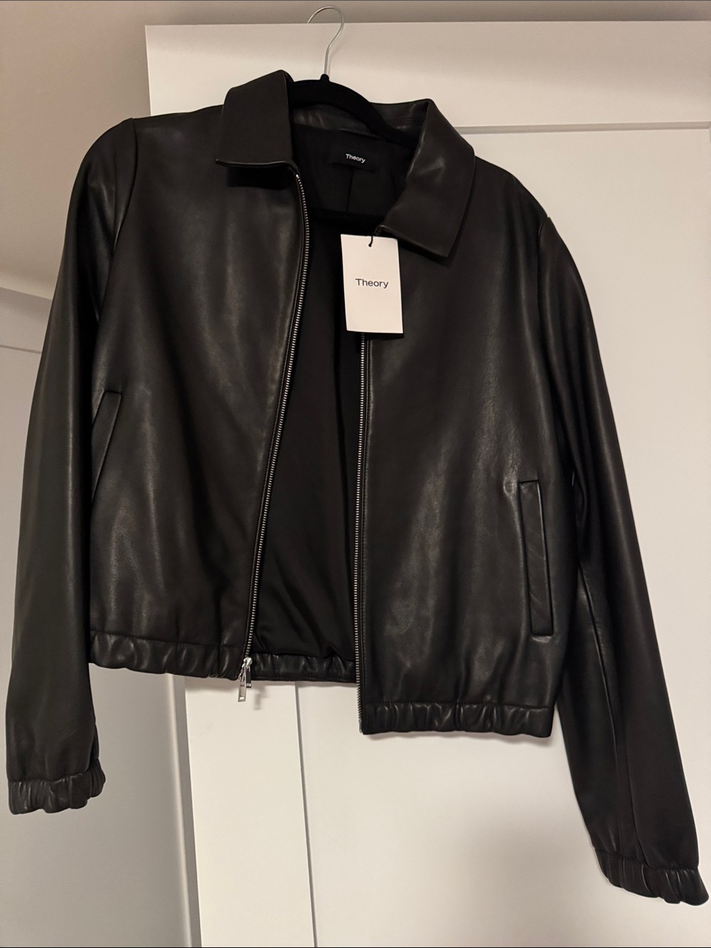 Theory Black Leather Zip Jacket with Elastic Hem NWT